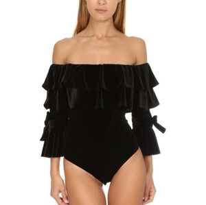 Misa LA - M Alecia Black Velvet Off Shoulder Ruffle Body Suit